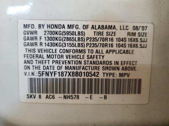 Photo 12 VIN: 5FNYF187X8B010542 - HONDA PILOT EXL 