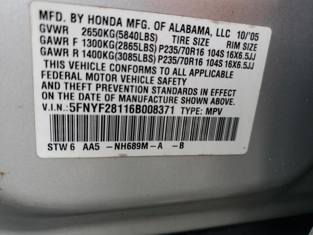 Photo 12 VIN: 5FNYF28116B008371 - HONDA PILOT 