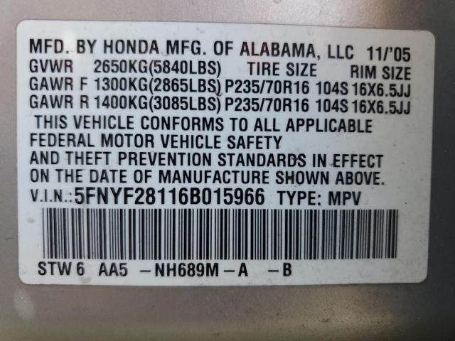 Photo 12 VIN: 5FNYF28116B015966 - HONDA PILOT LX 