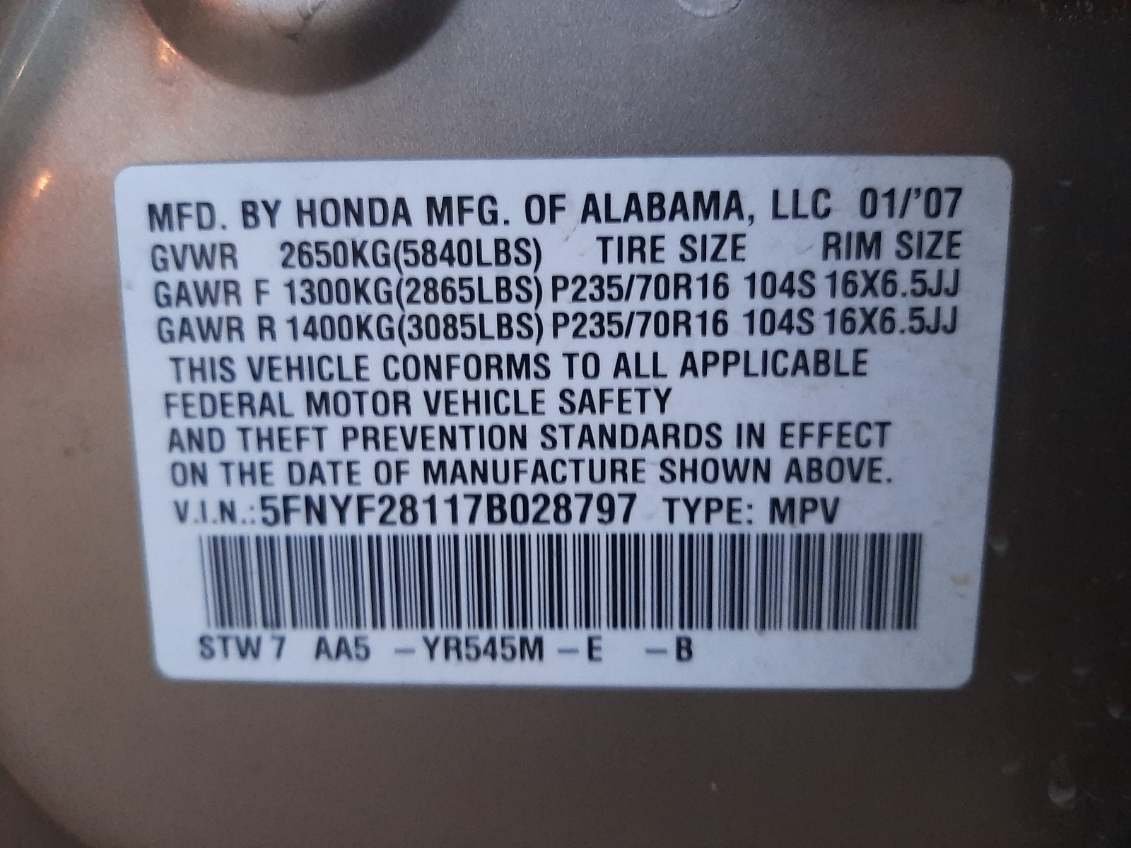 Photo 9 VIN: 5FNYF28117B028797 - HONDA PILOT LX 