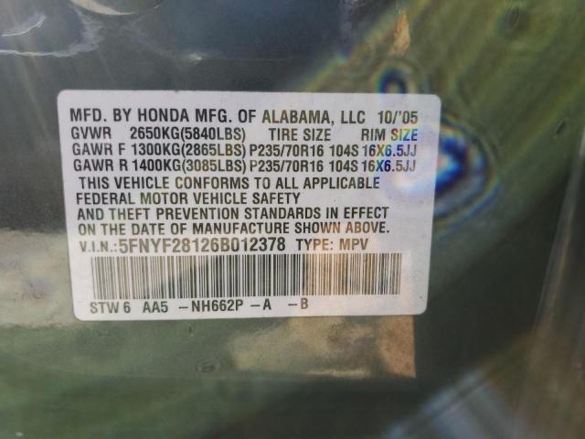 Photo 12 VIN: 5FNYF28126B012378 - HONDA PILOT LX 