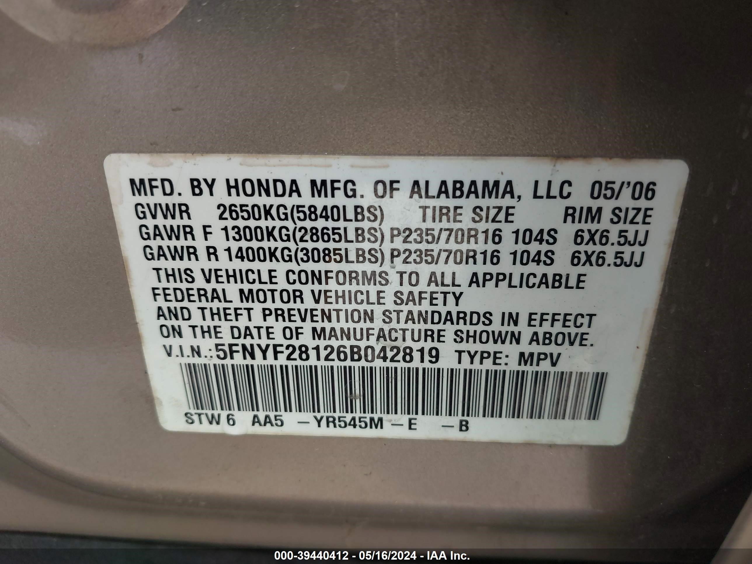 Photo 8 VIN: 5FNYF28126B042819 - HONDA PILOT 