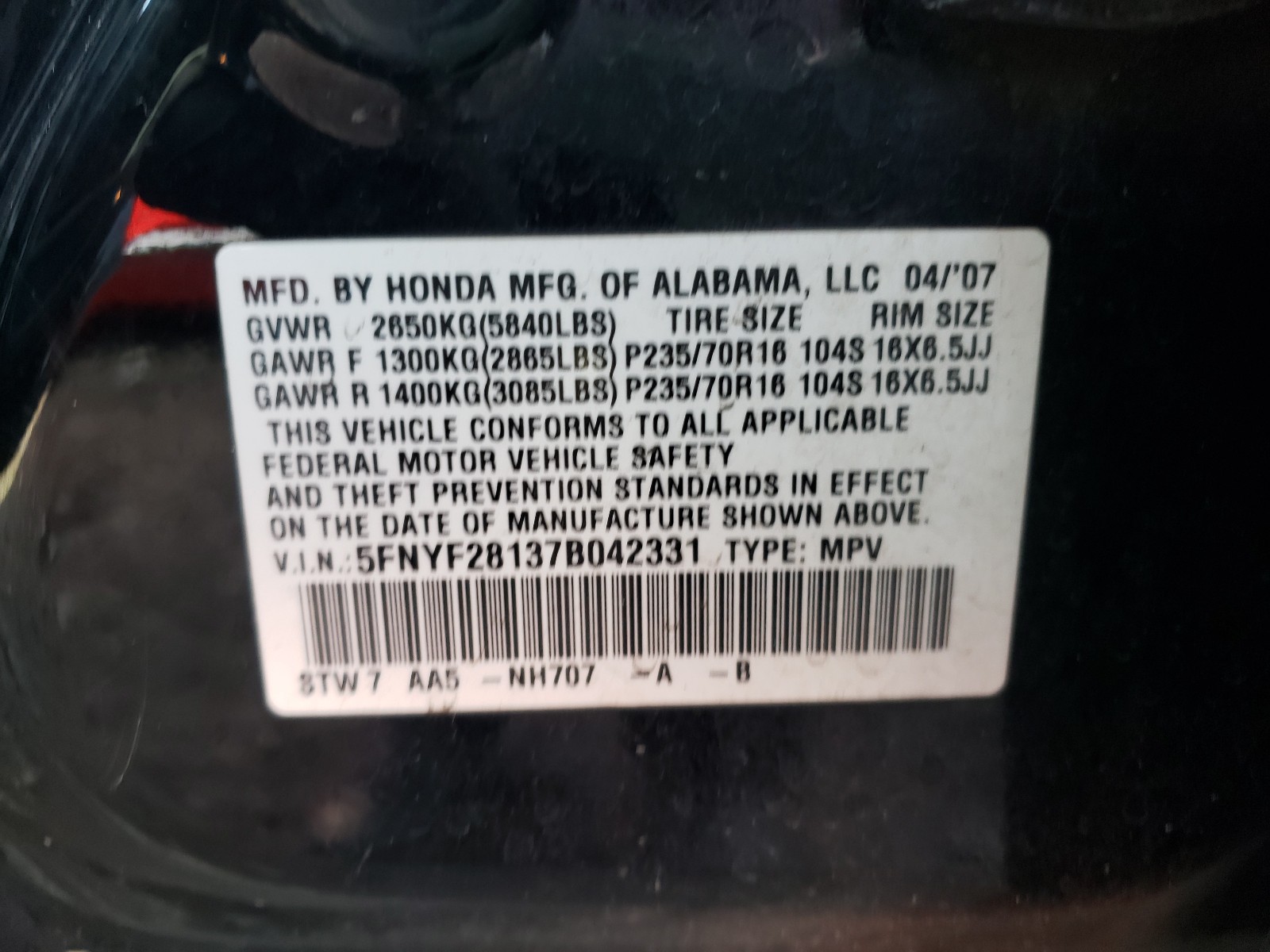 Photo 9 VIN: 5FNYF28137B042331 - HONDA PILOT LX 