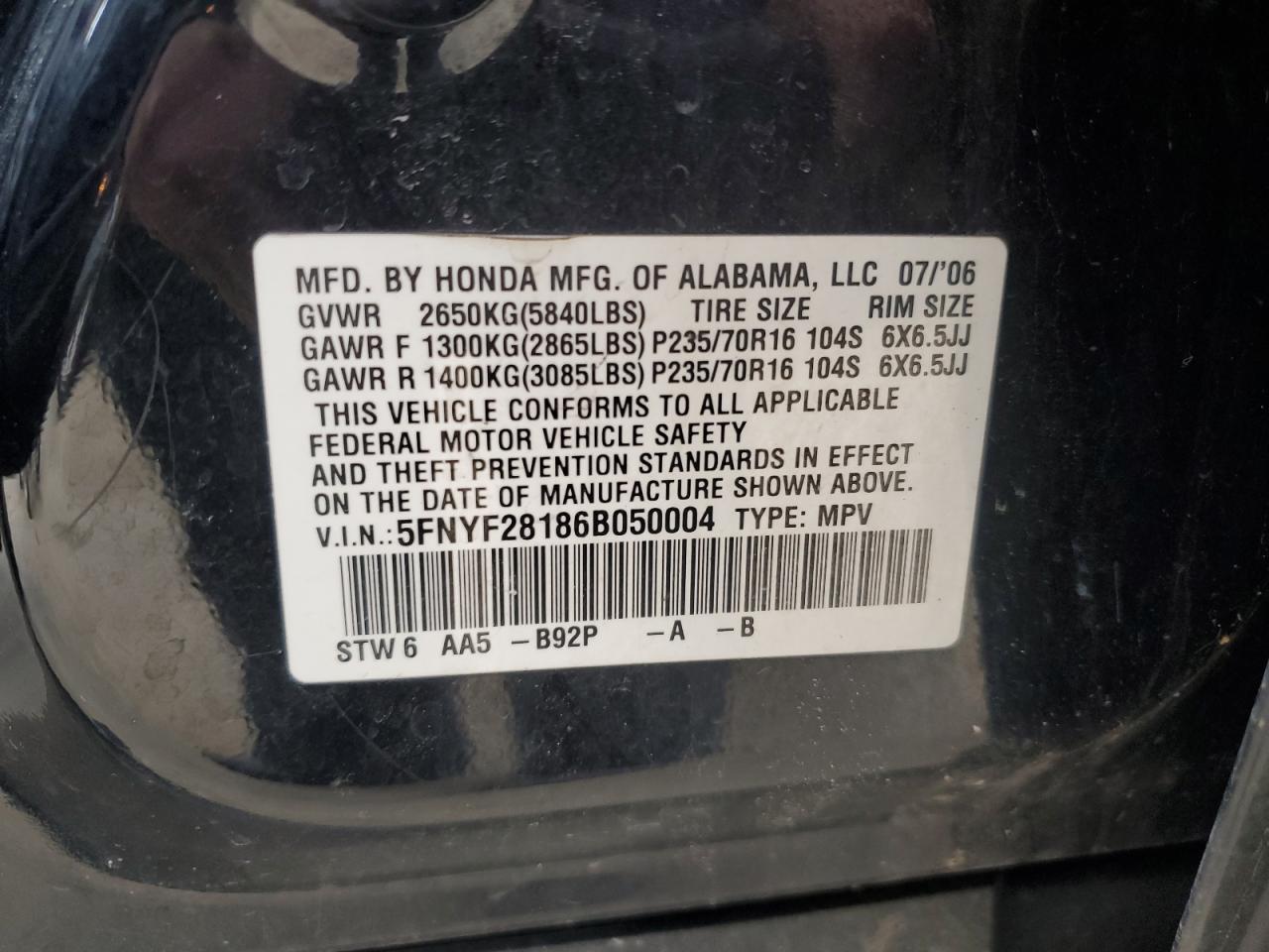 Photo 12 VIN: 5FNYF28186B050004 - HONDA PILOT 