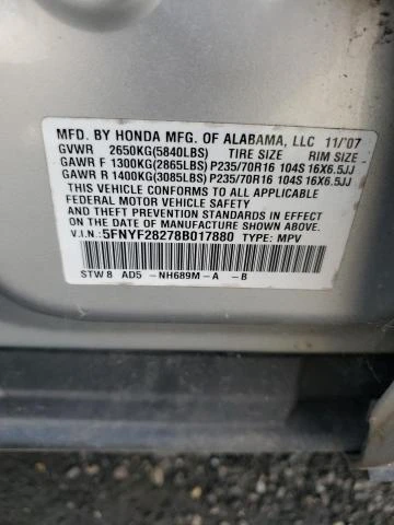 Photo 12 VIN: 5FNYF28278B017880 - HONDA PILOT VP 