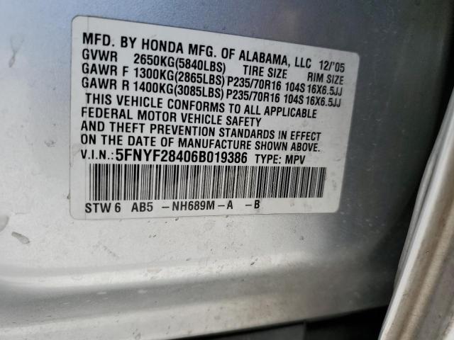 Photo 12 VIN: 5FNYF28406B019386 - HONDA PILOT 