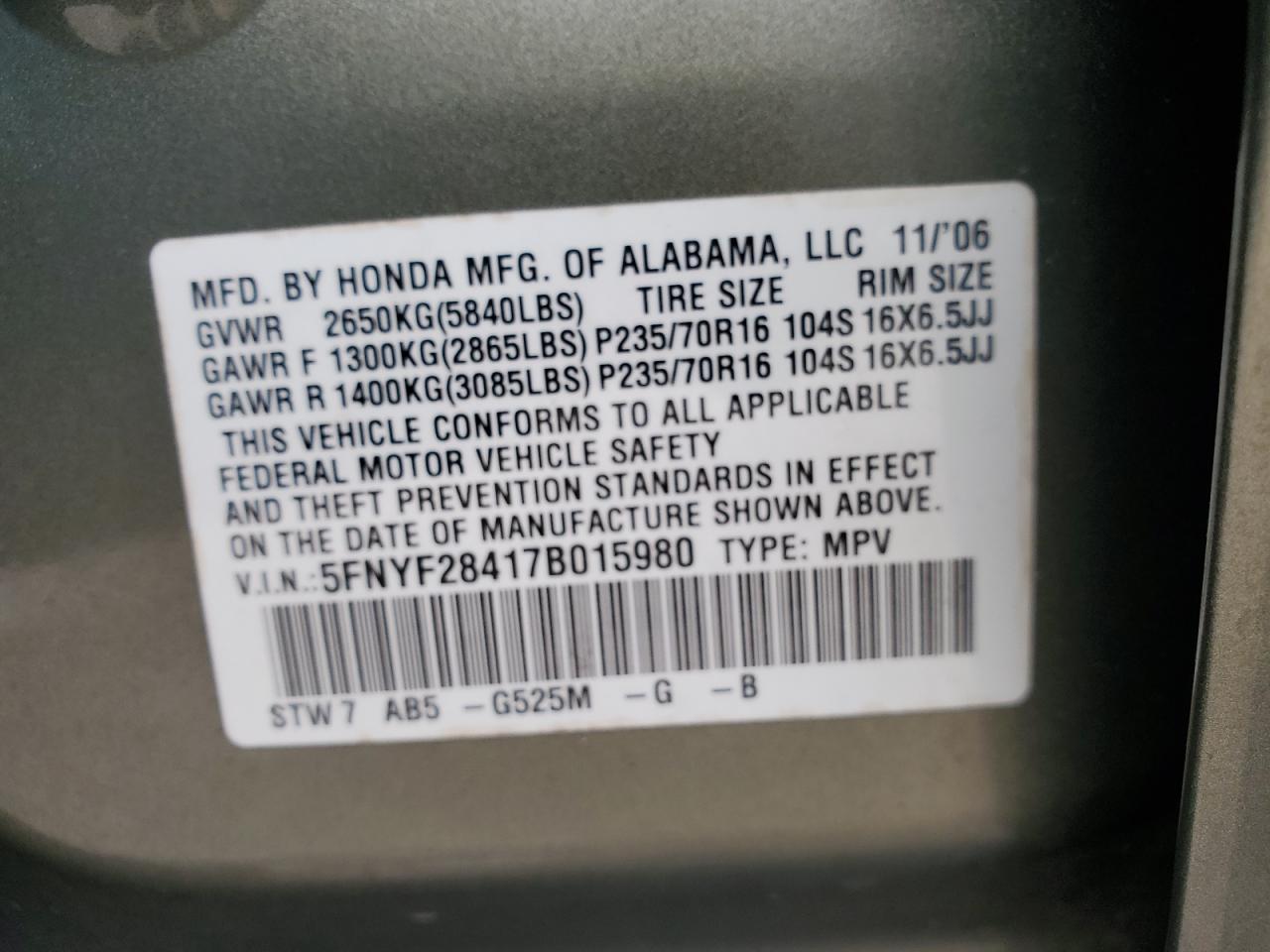 Photo 12 VIN: 5FNYF28417B015980 - HONDA PILOT 