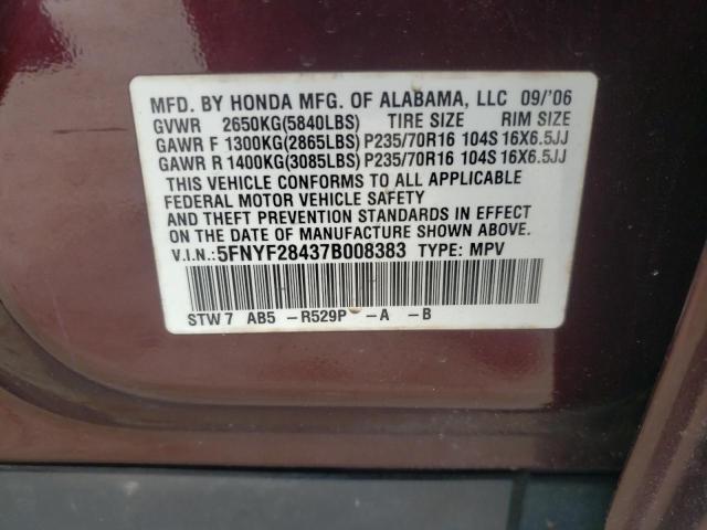 Photo 13 VIN: 5FNYF28437B008383 - HONDA PILOT EX 