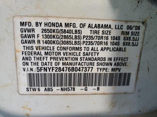 Photo 12 VIN: 5FNYF28476B047377 - HONDA PILOT 