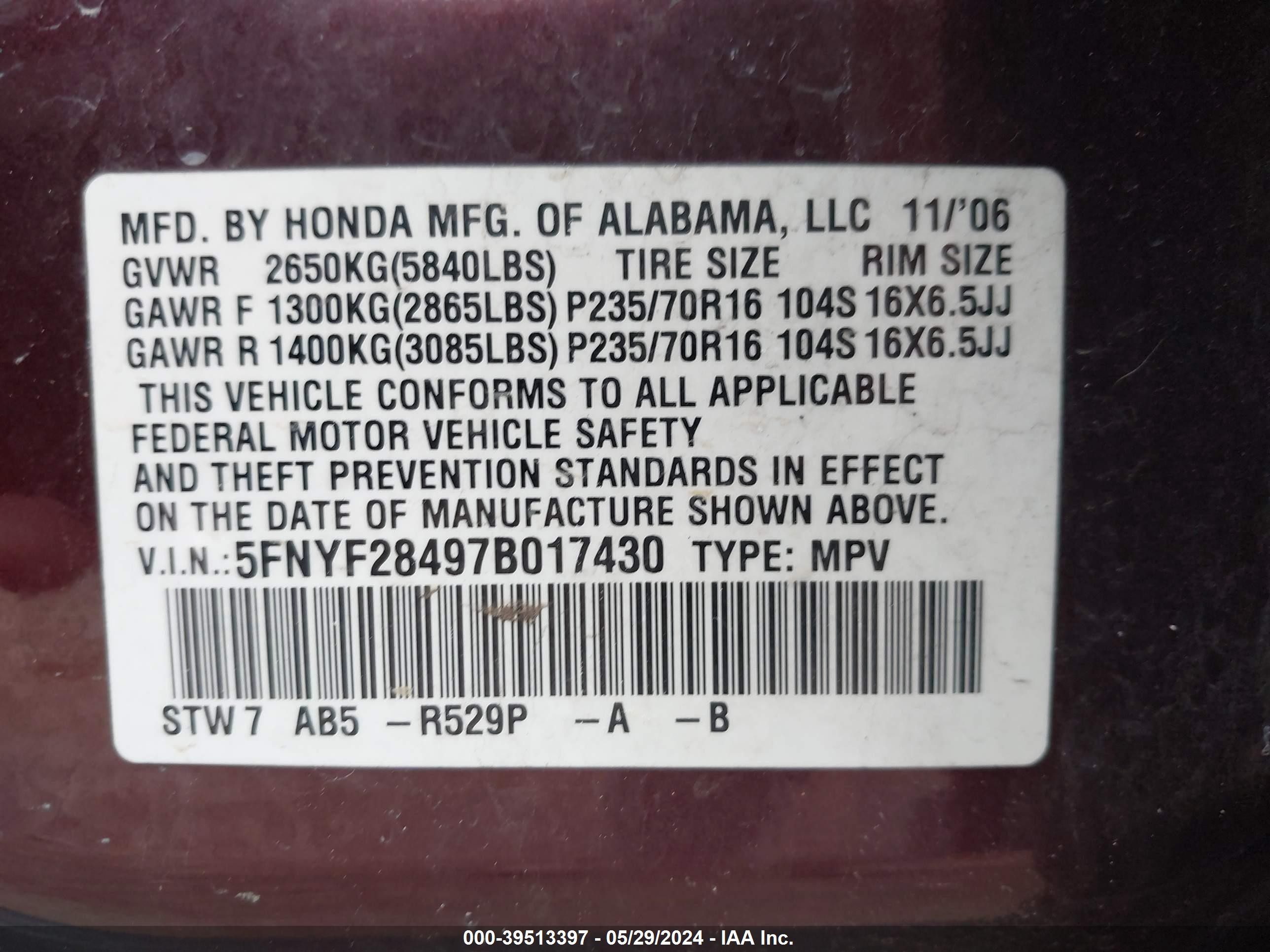 Photo 8 VIN: 5FNYF28497B017430 - HONDA PILOT 