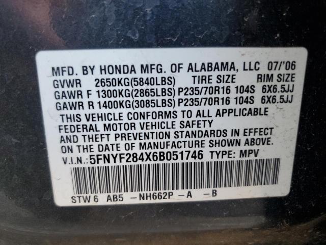 Photo 12 VIN: 5FNYF284X6B051746 - HONDA PILOT EX 