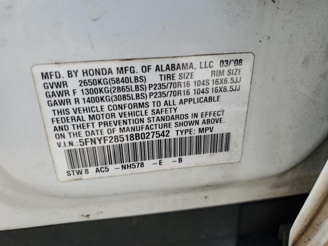 Photo 12 VIN: 5FNYF28518B027542 - HONDA PILOT 