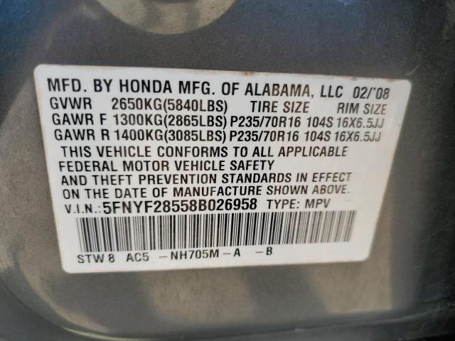 Photo 12 VIN: 5FNYF28558B026958 - HONDA PILOT 