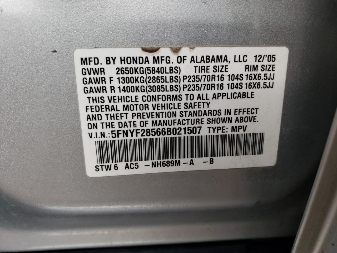 Photo 12 VIN: 5FNYF28566B021507 - HONDA PILOT 