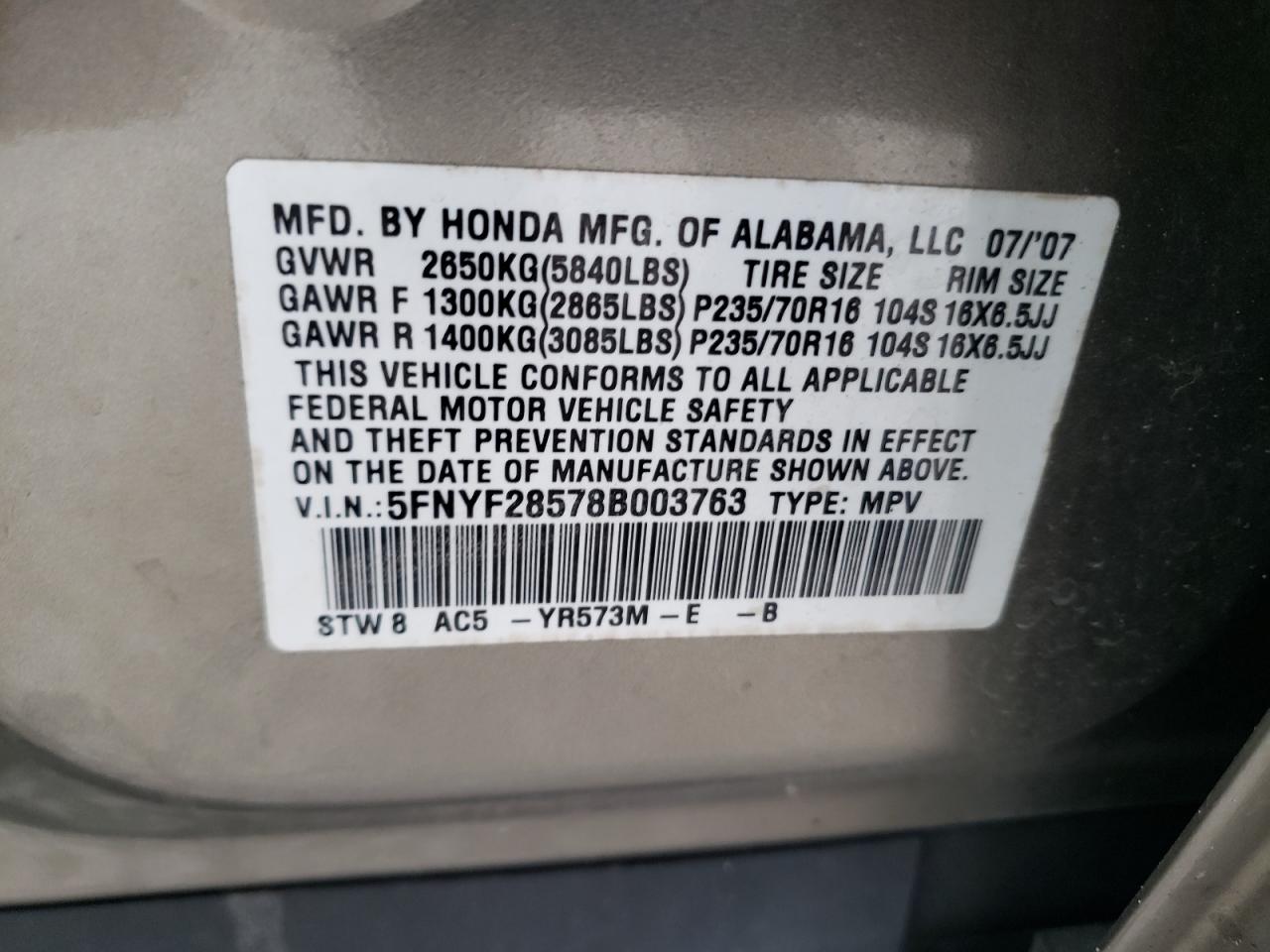 Photo 12 VIN: 5FNYF28578B003763 - HONDA PILOT 