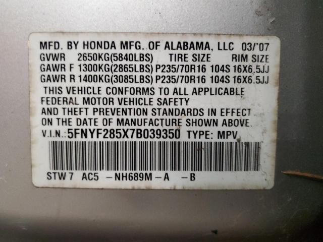 Photo 12 VIN: 5FNYF285X7B039350 - HONDA PILOT EXL 