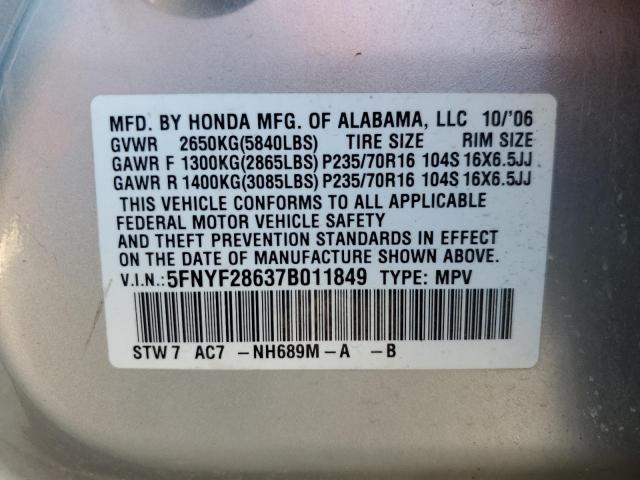 Photo 11 VIN: 5FNYF28637B011849 - HONDA PILOT EXL 