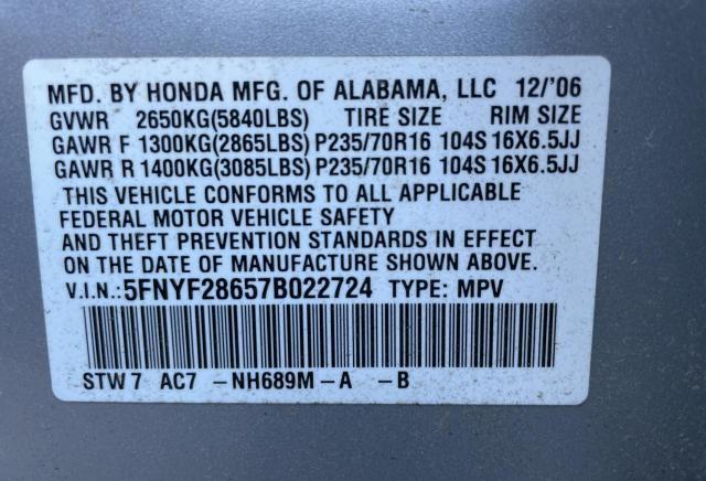 Photo 9 VIN: 5FNYF28657B022724 - HONDA PILOT EXL 