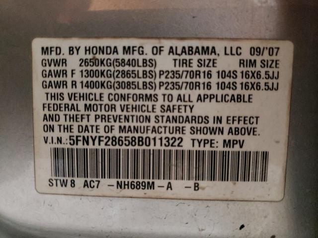 Photo 11 VIN: 5FNYF28658B011322 - HONDA PILOT EXL 