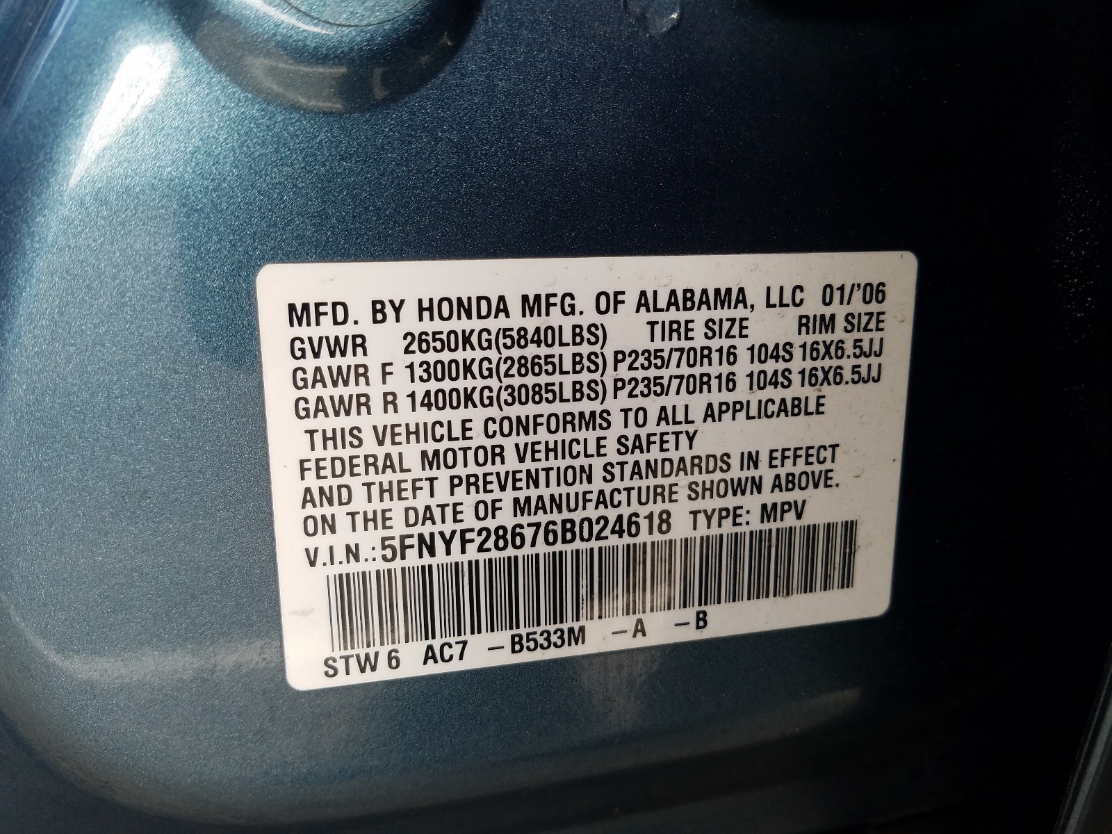 Photo 9 VIN: 5FNYF28676B024618 - HONDA PILOT EX 