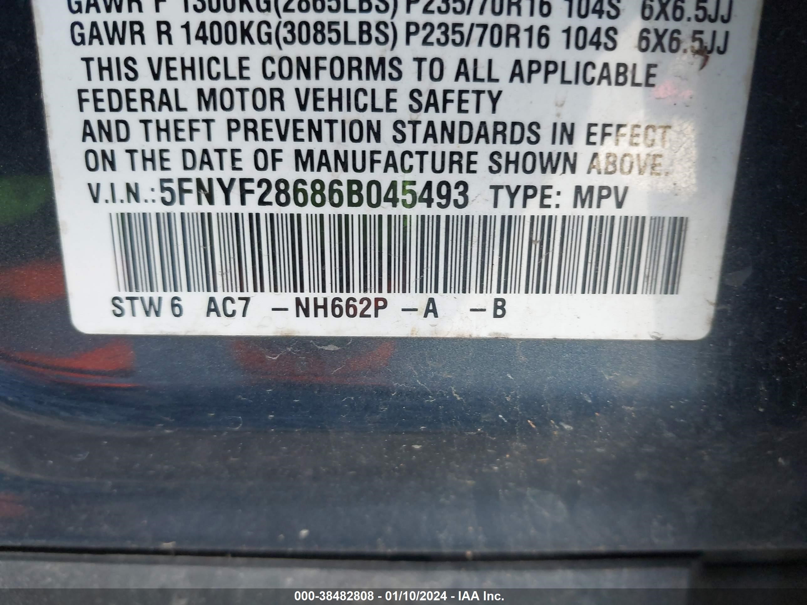 Photo 8 VIN: 5FNYF28686B045493 - HONDA PILOT 