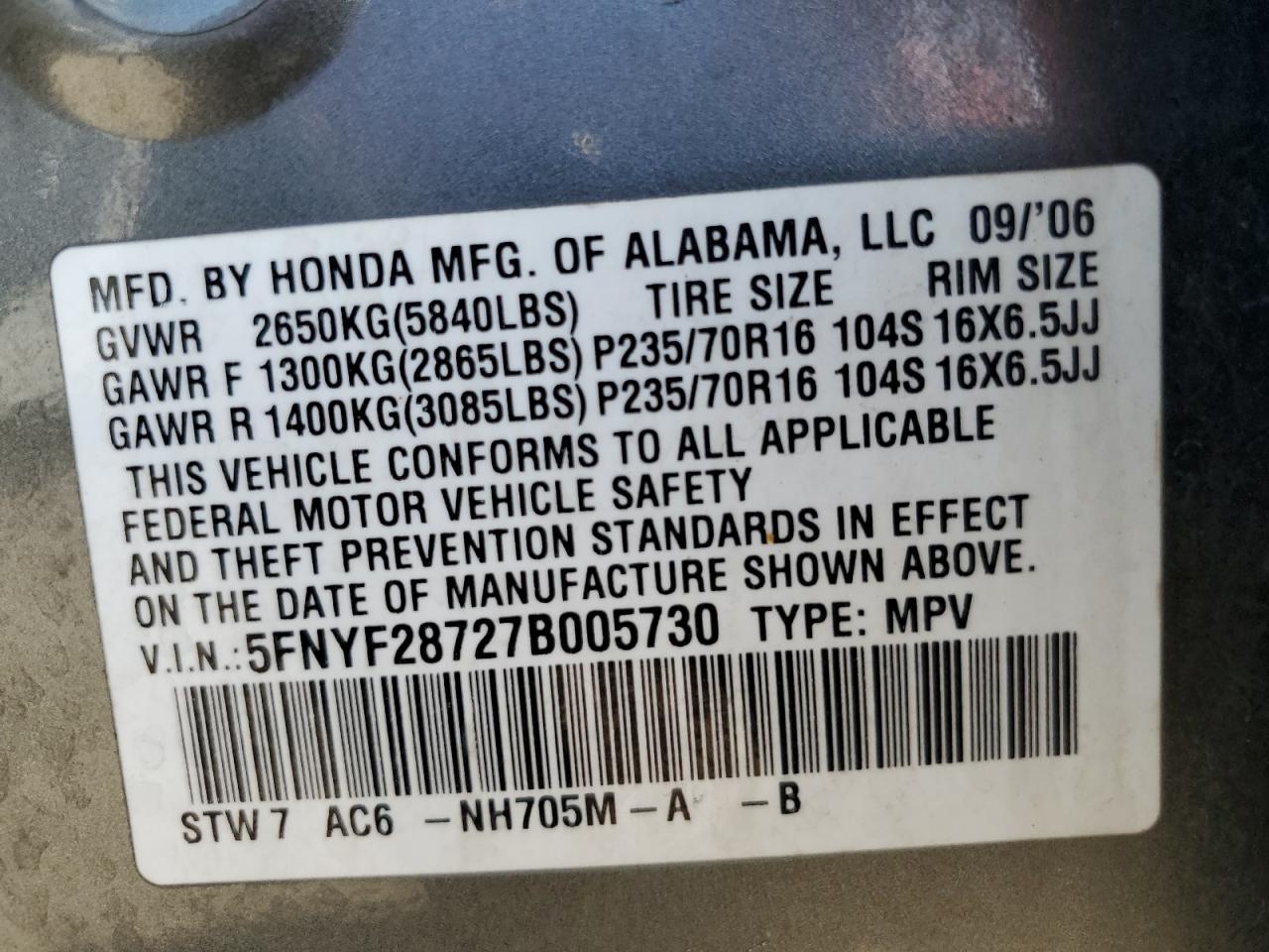 Photo 11 VIN: 5FNYF28727B005730 - HONDA PILOT 