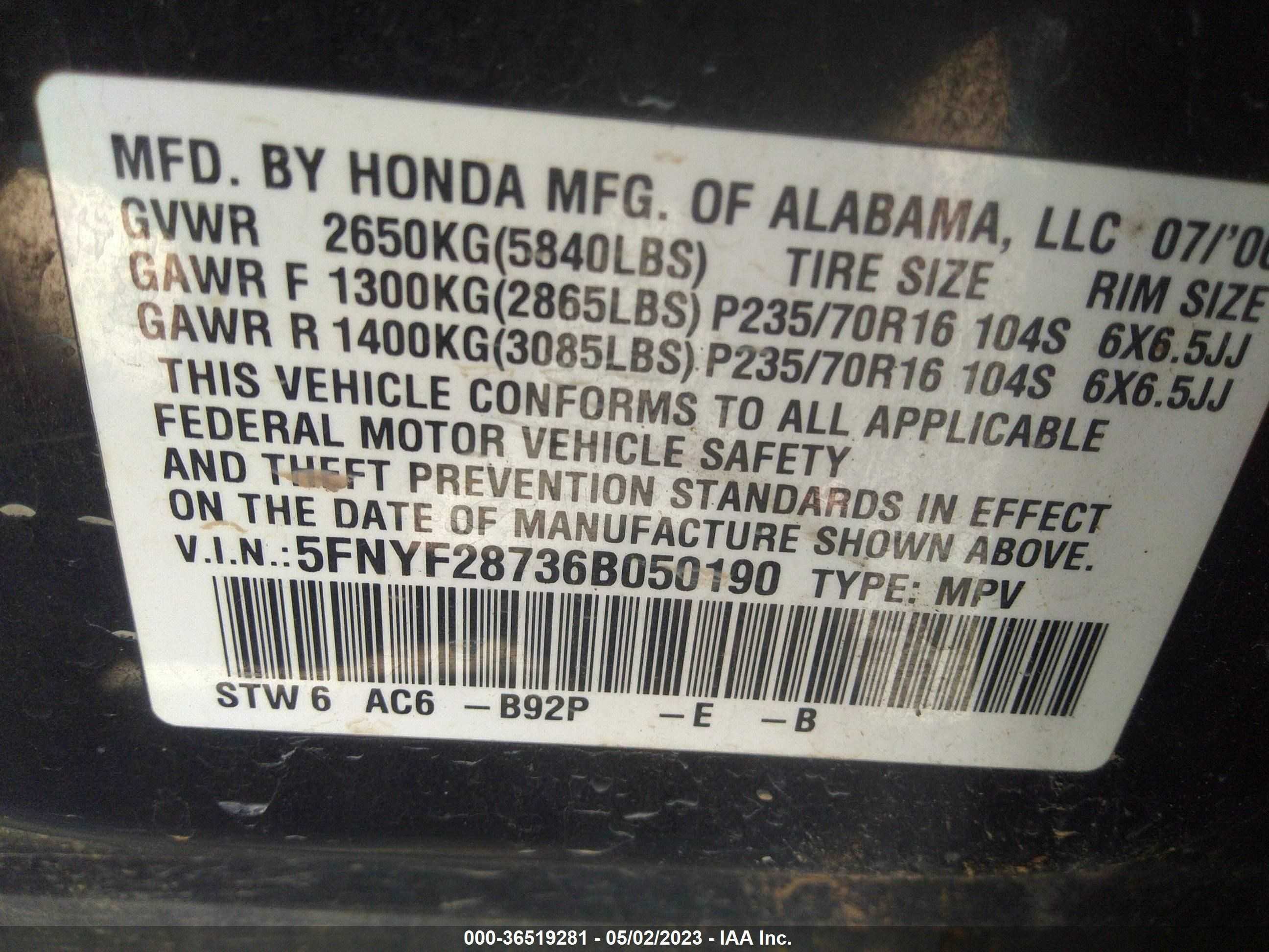 Photo 8 VIN: 5FNYF28736B050190 - HONDA PILOT 