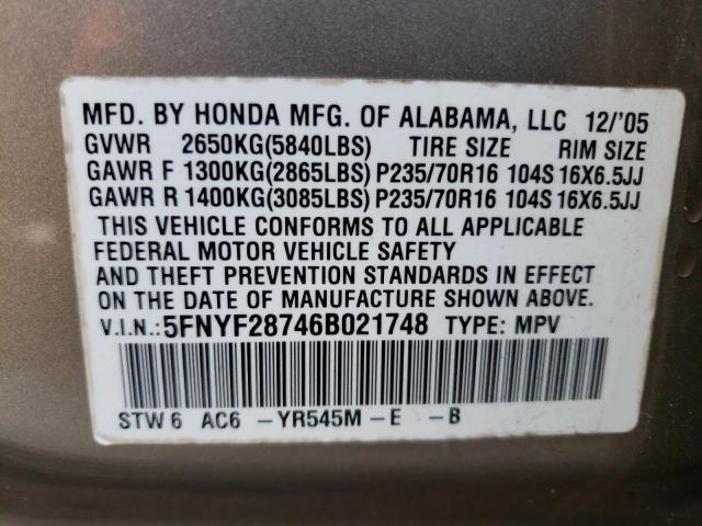 Photo 12 VIN: 5FNYF28746B021748 - HONDA PILOT 