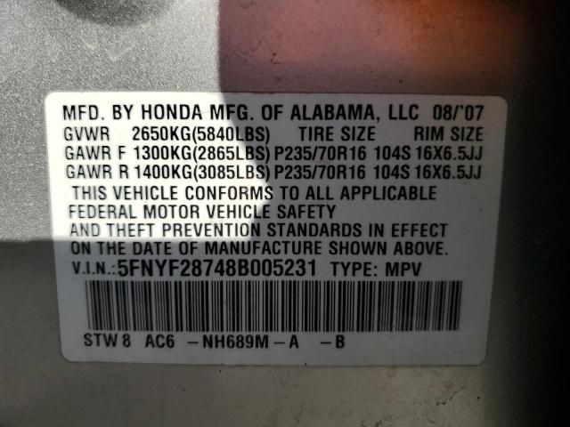 Photo 12 VIN: 5FNYF28748B005231 - HONDA PILOT EXL 