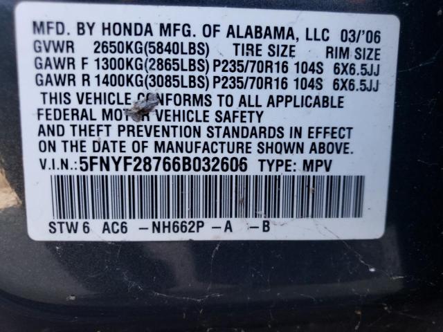 Photo 11 VIN: 5FNYF28766B032606 - HONDA PILOT EX 