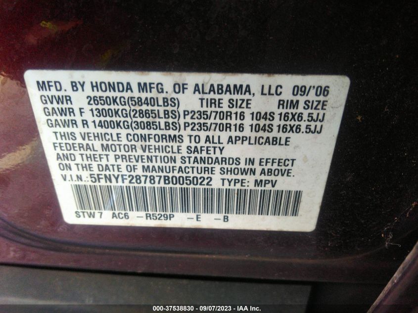 Photo 8 VIN: 5FNYF28787B005022 - HONDA PILOT 