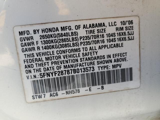 Photo 12 VIN: 5FNYF28787B013573 - HONDA PILOT 