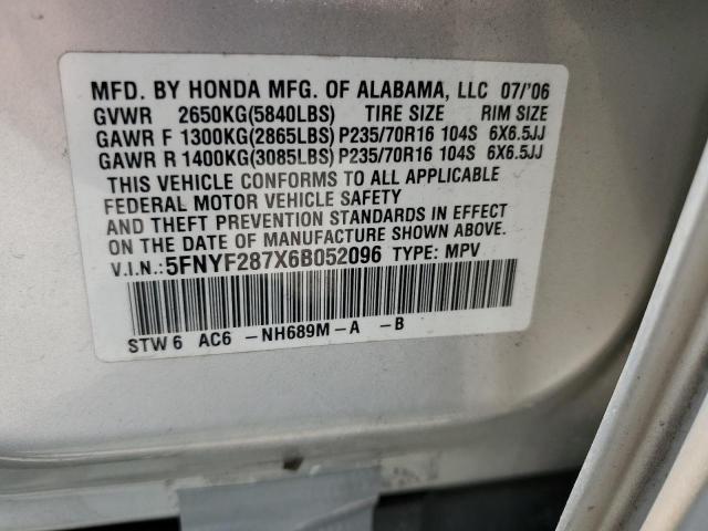 Photo 12 VIN: 5FNYF287X6B052096 - HONDA PILOT 