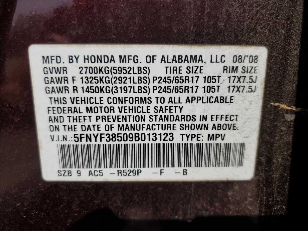 Photo 11 VIN: 5FNYF38509B013123 - HONDA PILOT 