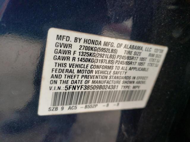 Photo 12 VIN: 5FNYF38509B024381 - HONDA PILOT EXL 