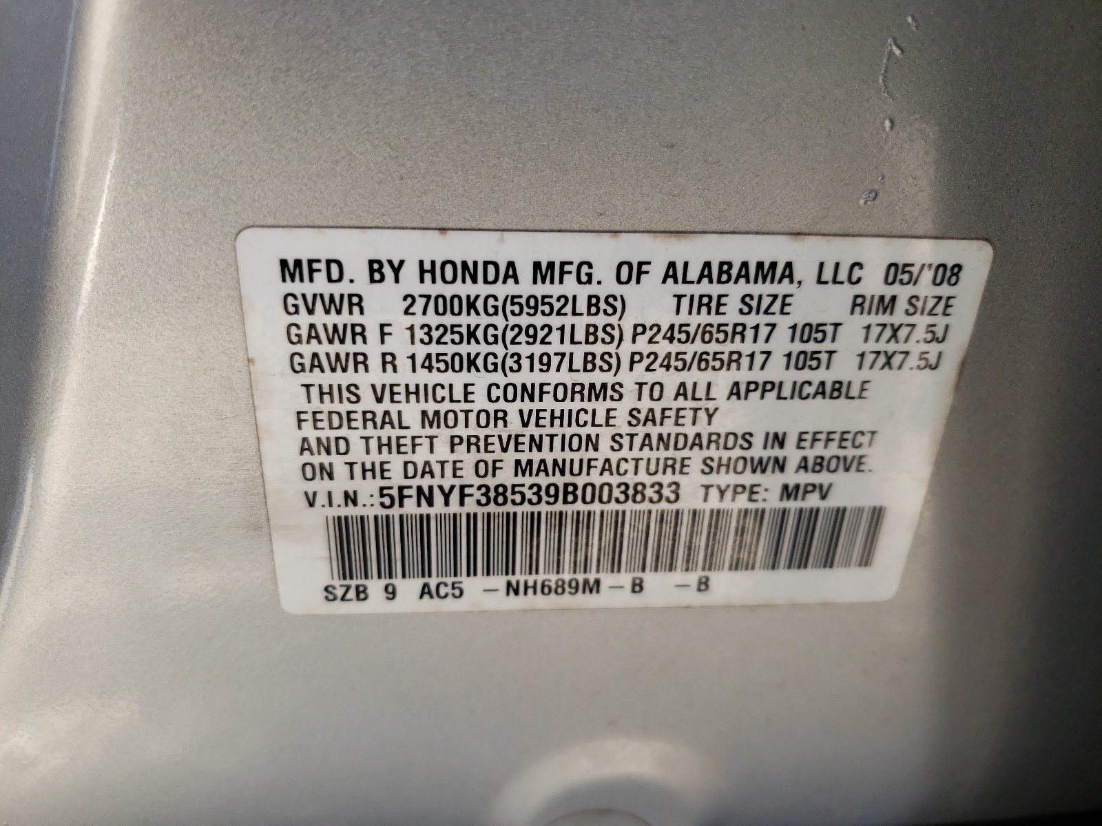 Photo 9 VIN: 5FNYF38539B003833 - HONDA PILOT EXL 