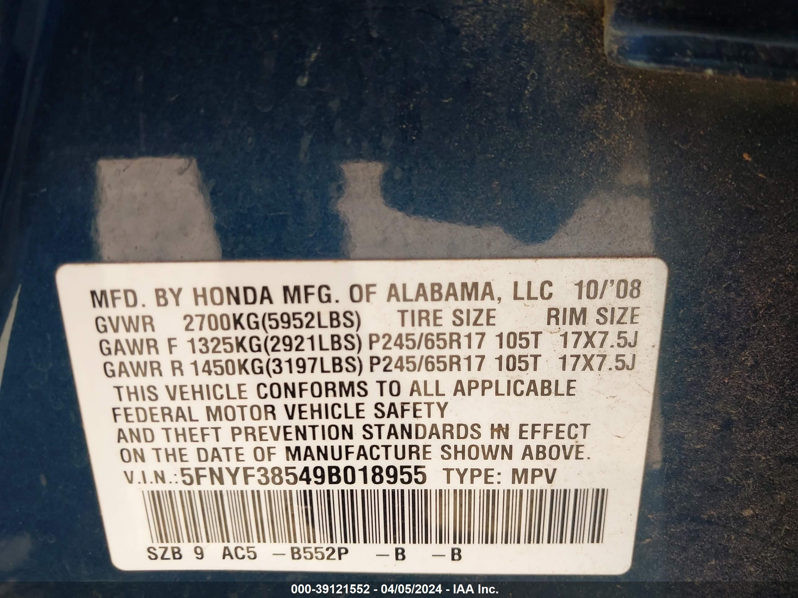 Photo 8 VIN: 5FNYF38549B018955 - HONDA PILOT 