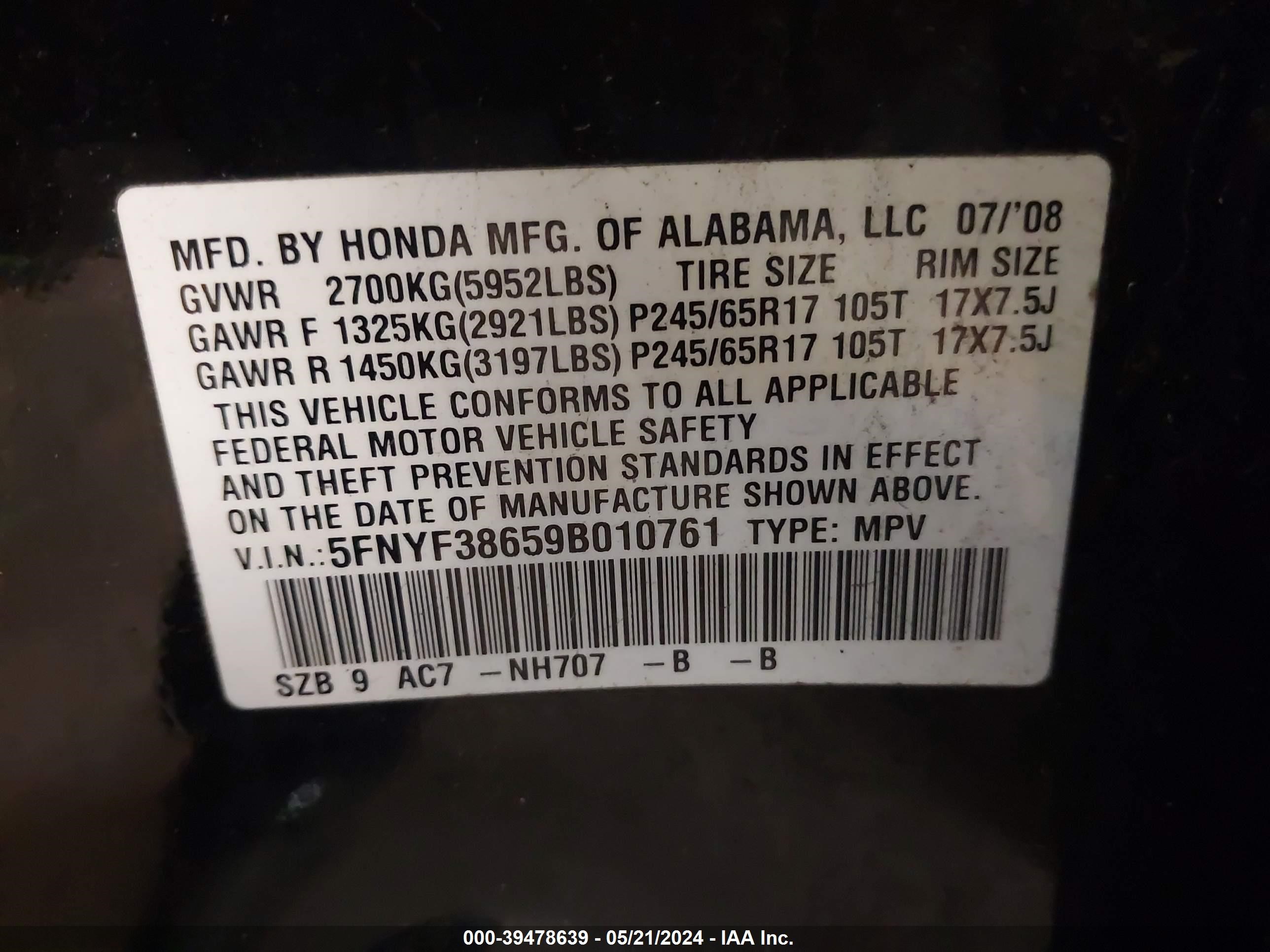 Photo 8 VIN: 5FNYF38659B010761 - HONDA PILOT 