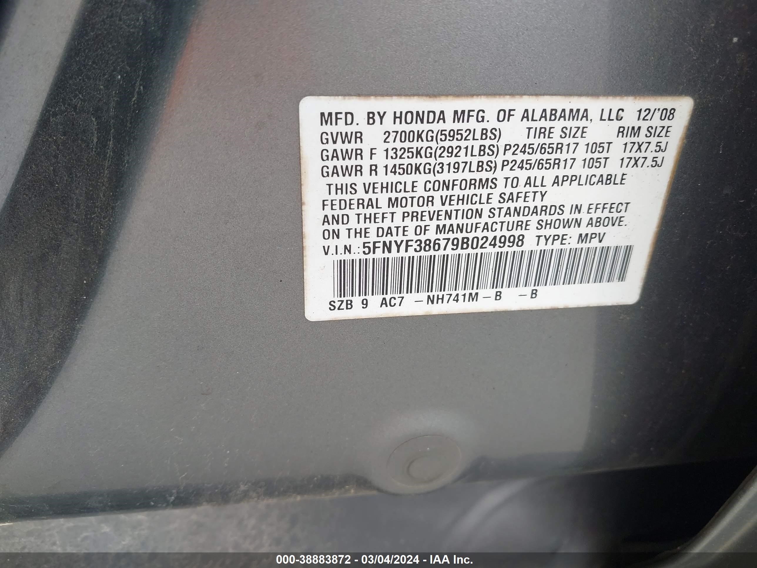 Photo 8 VIN: 5FNYF38679B024998 - HONDA PILOT 