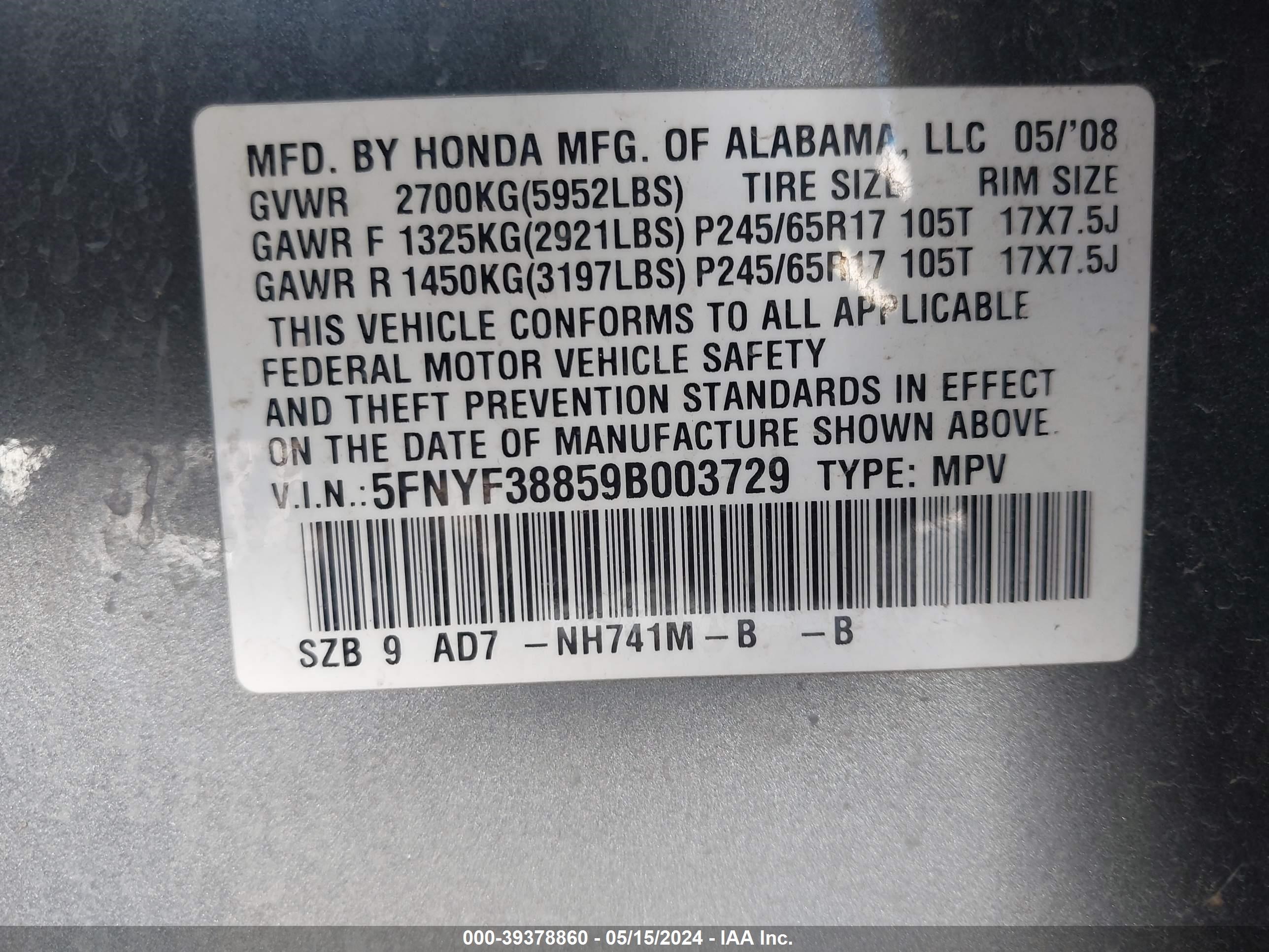 Photo 8 VIN: 5FNYF38859B003729 - HONDA PILOT 