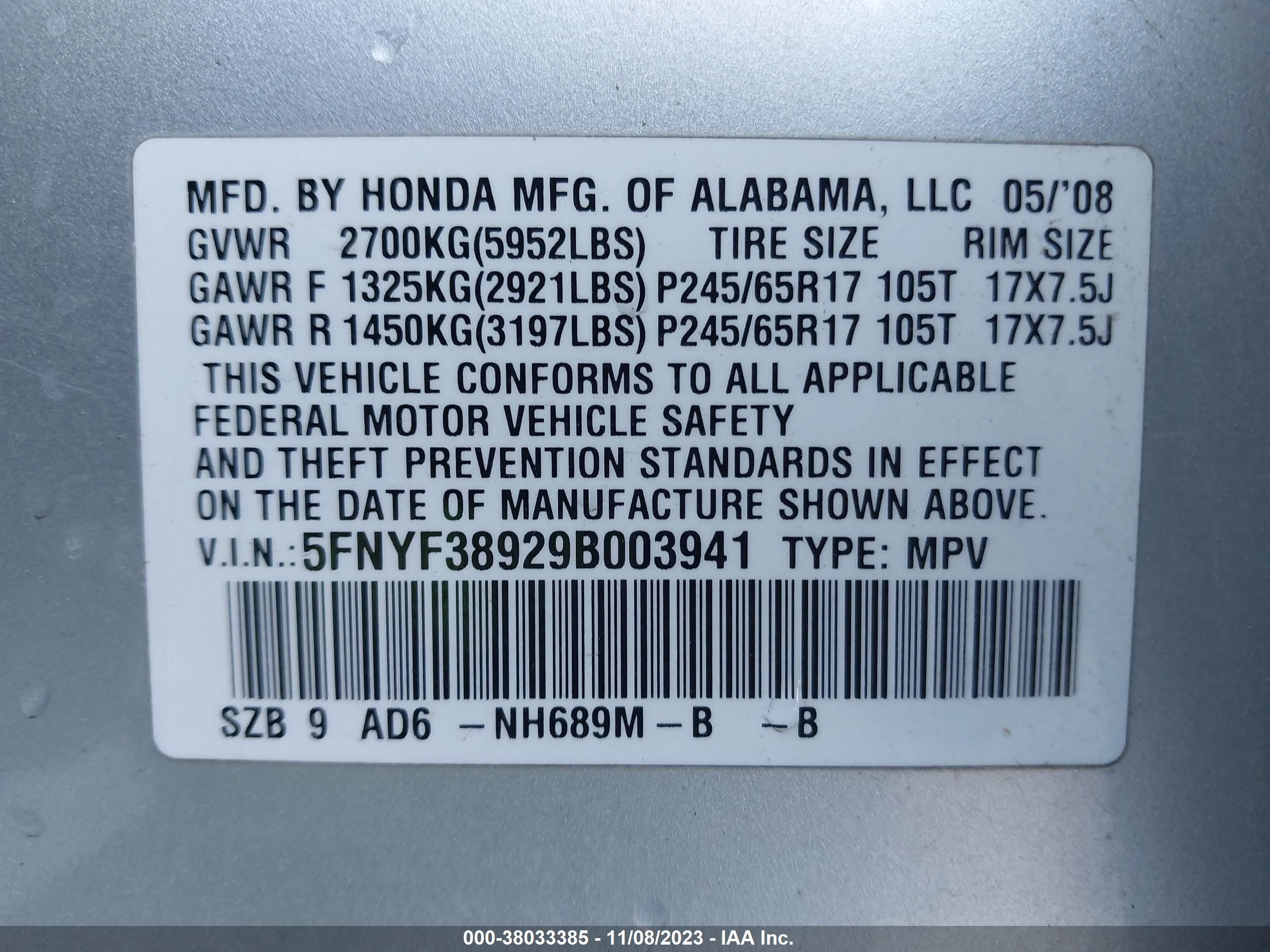 Photo 8 VIN: 5FNYF38929B003941 - HONDA PILOT 