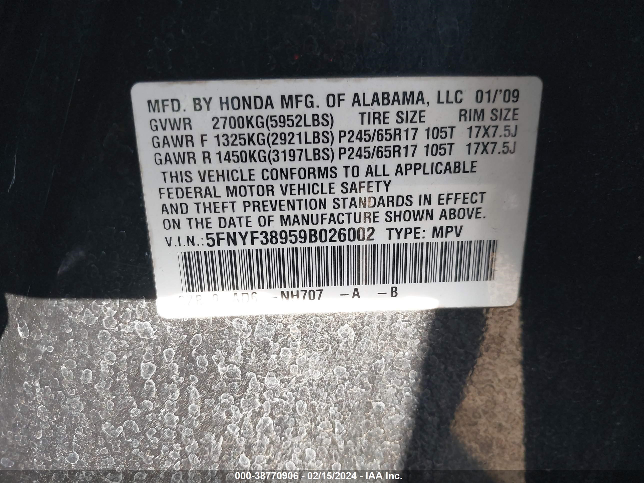 Photo 8 VIN: 5FNYF38959B026002 - HONDA PILOT 