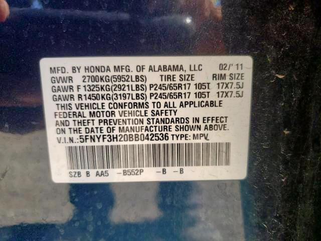 Photo 9 VIN: 5FNYF3H20BB042536 - HONDA PILOT LX 