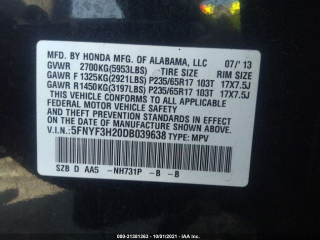 Photo 8 VIN: 5FNYF3H20DB039638 - HONDA PILOT 