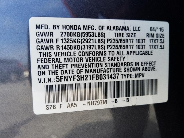 Photo 9 VIN: 5FNYF3H21FB031437 - HONDA PILOT LX 