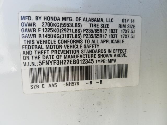 Photo 9 VIN: 5FNYF3H22EB012345 - HONDA PILOT LX 