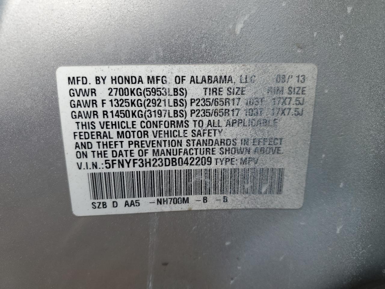 Photo 12 VIN: 5FNYF3H23DB042209 - HONDA PILOT 