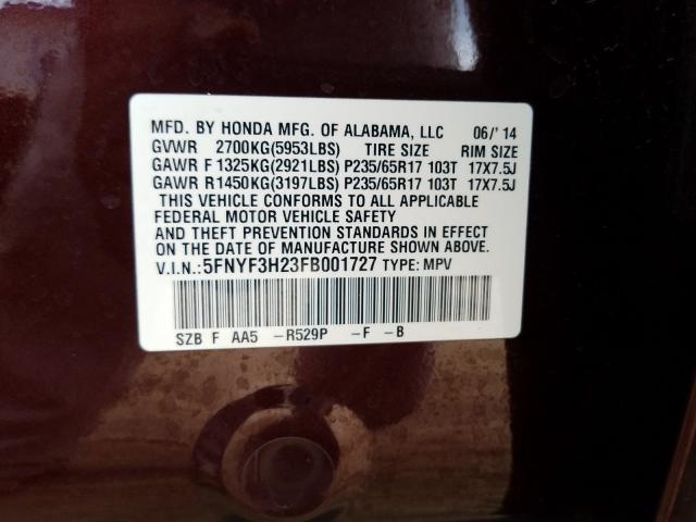 Photo 9 VIN: 5FNYF3H23FB001727 - HONDA PILOT LX 