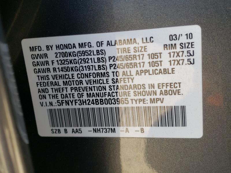 Photo 9 VIN: 5FNYF3H24BB003965 - HONDA PILOT LX 