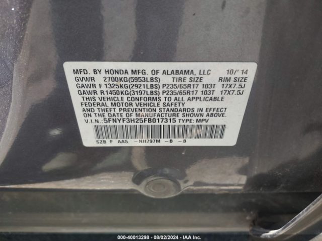 Photo 8 VIN: 5FNYF3H25FB017315 - HONDA PILOT 